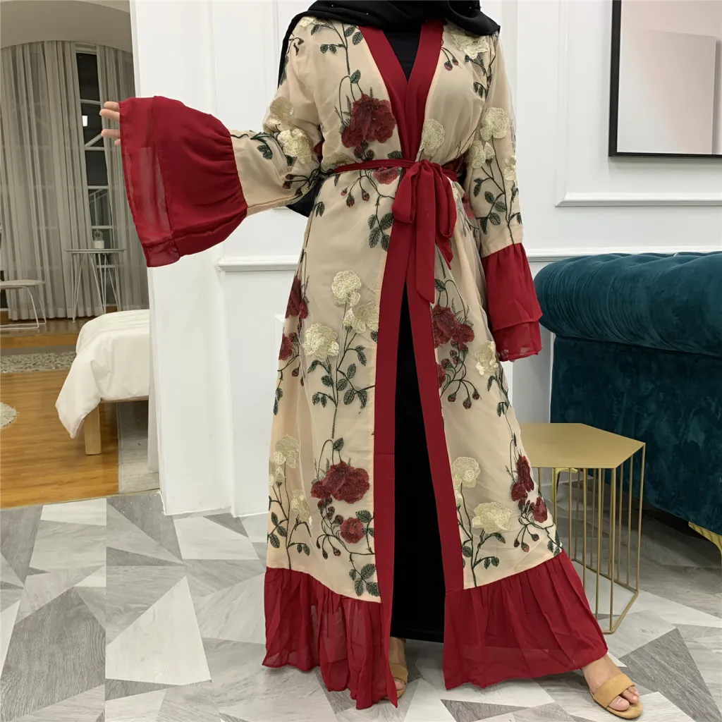 Middle Eastern Embroidered Patchwork Cardigan - Wine Red