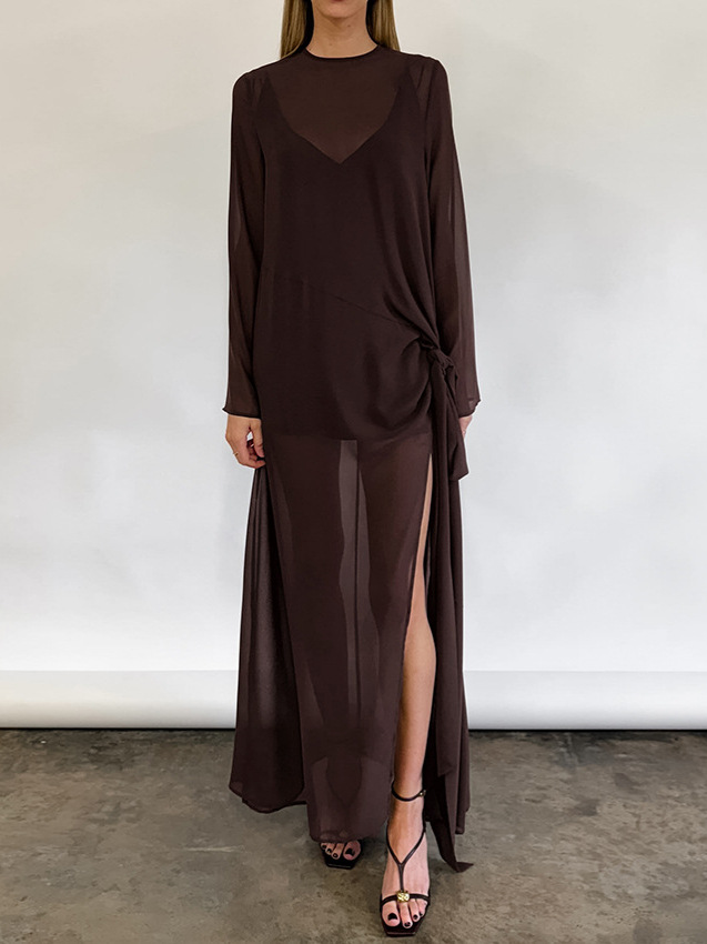 Mesh Sheer Round Neck Long Sleeve Tie Bow Slit Dress