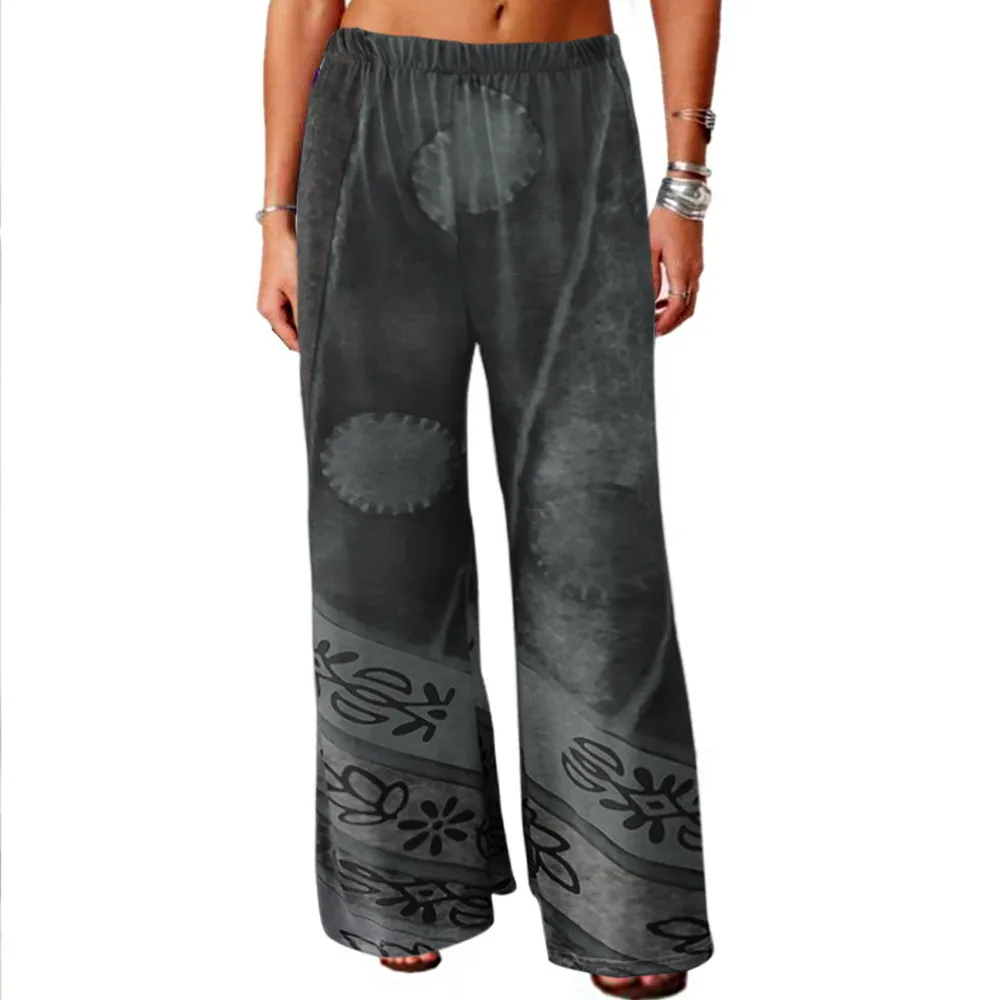Vintage Printed Loose Wide-leg Trousers - Gray