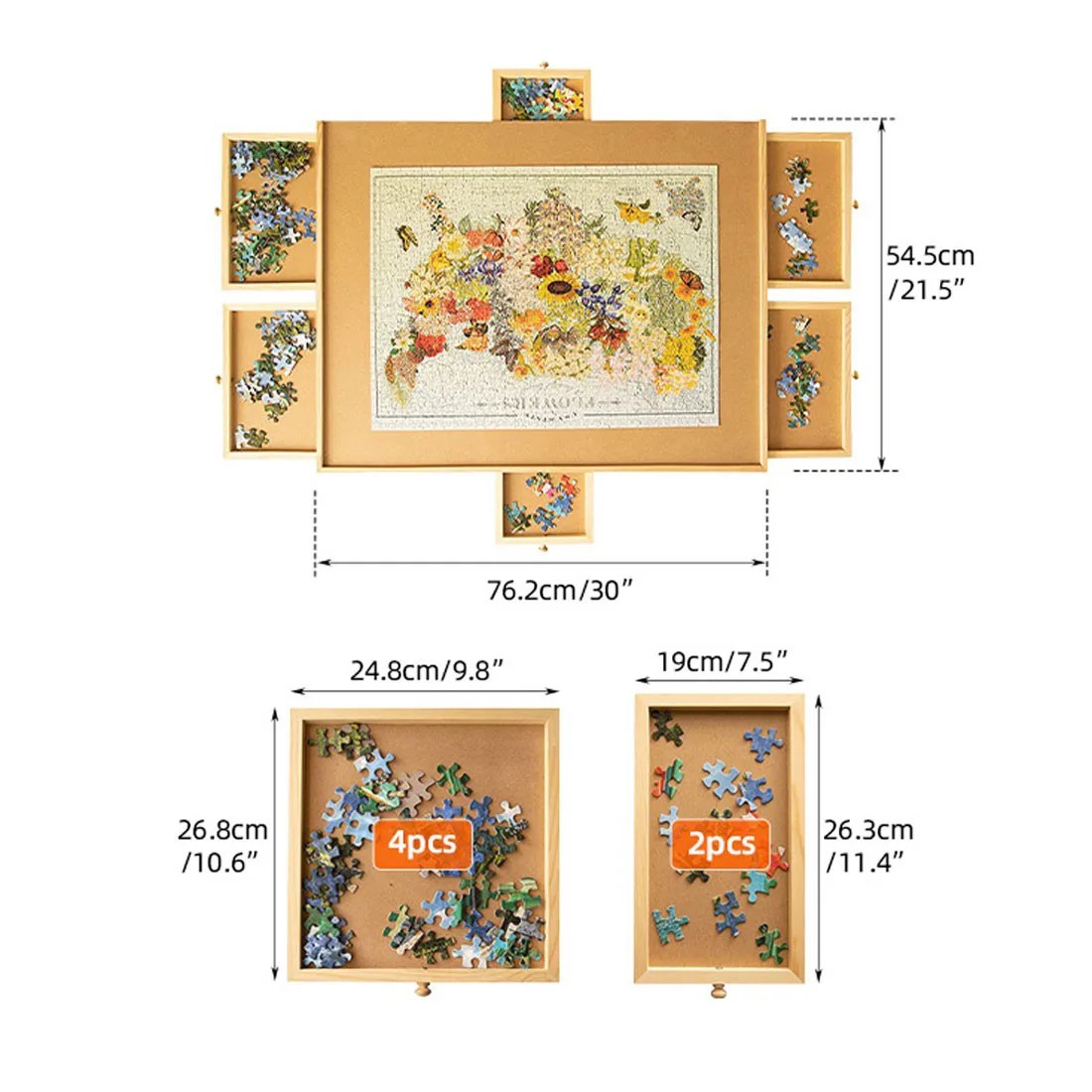 Wooden Jigsaw Puzzle Board Portable Storage Table W 6 Slid Drawer 60pcs — image 10