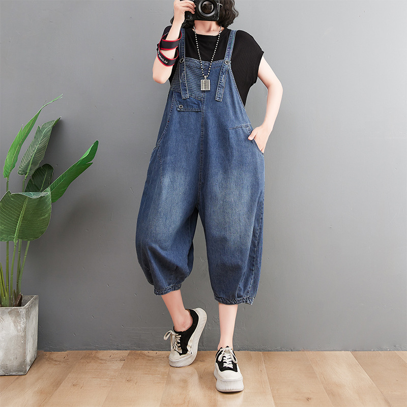 Women’s New Style Denim Overalls Loose Retro Slim Stripes