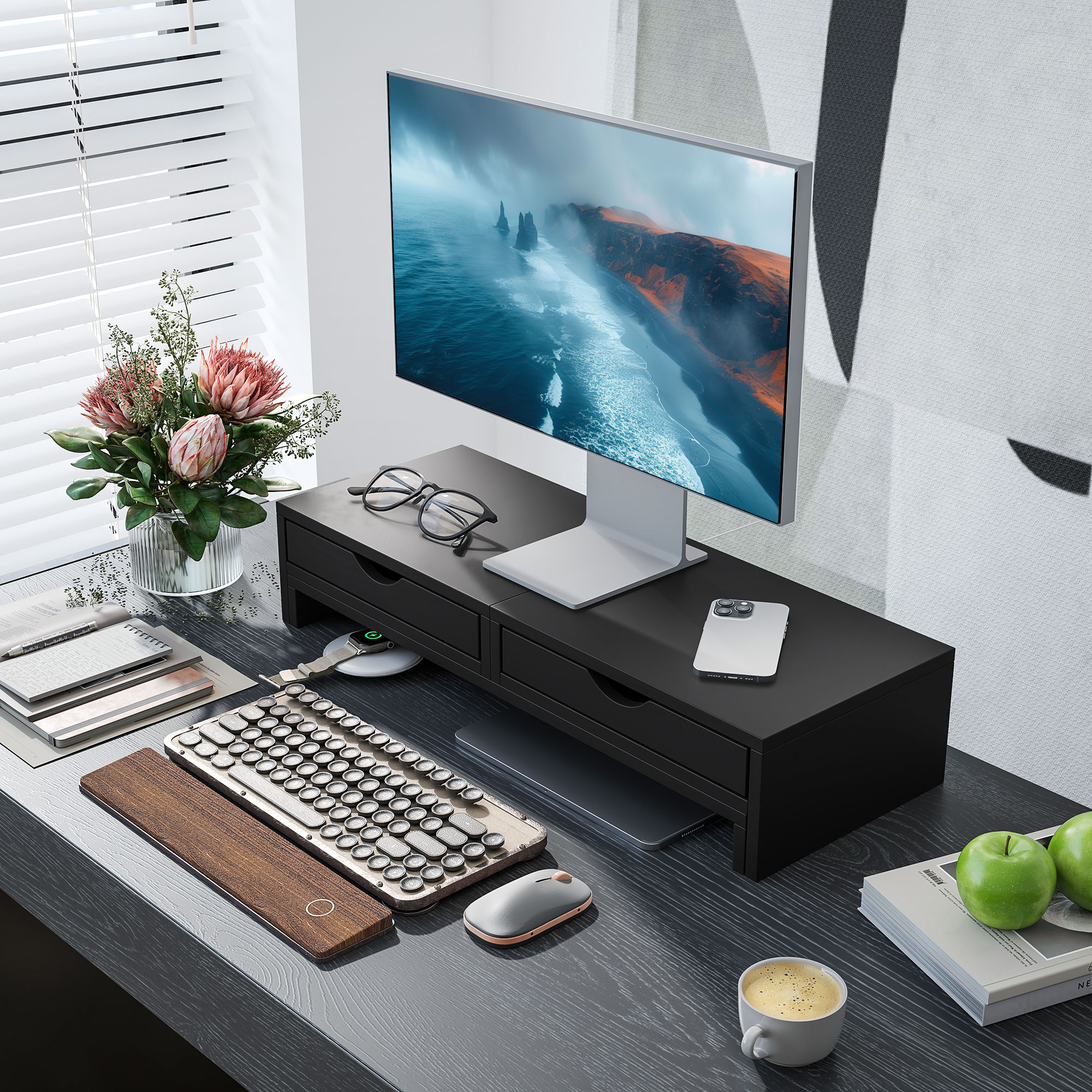 Dual Monitor Stand With 2 Drawers, Adjustable Length And Angle, 116cm Suitable — image 5