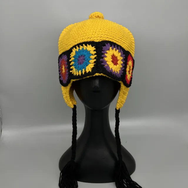 Ethnic Hand Made Flower Knitted Pot Hat Female Yellow - Shop at LoveMi