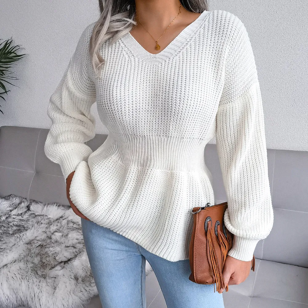 Women's Lantern Sleeve Waist-Defined Hem Ruffle Knitted Sweater