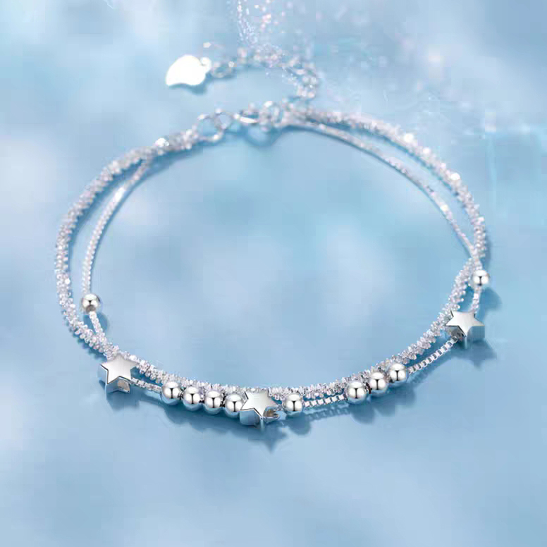 1pc 999 Sterling Silver Double-Layer Star & Crystal Bracelet, Delicate Luxurious Style, Perfect For Daily Wear And Valentine's Gift