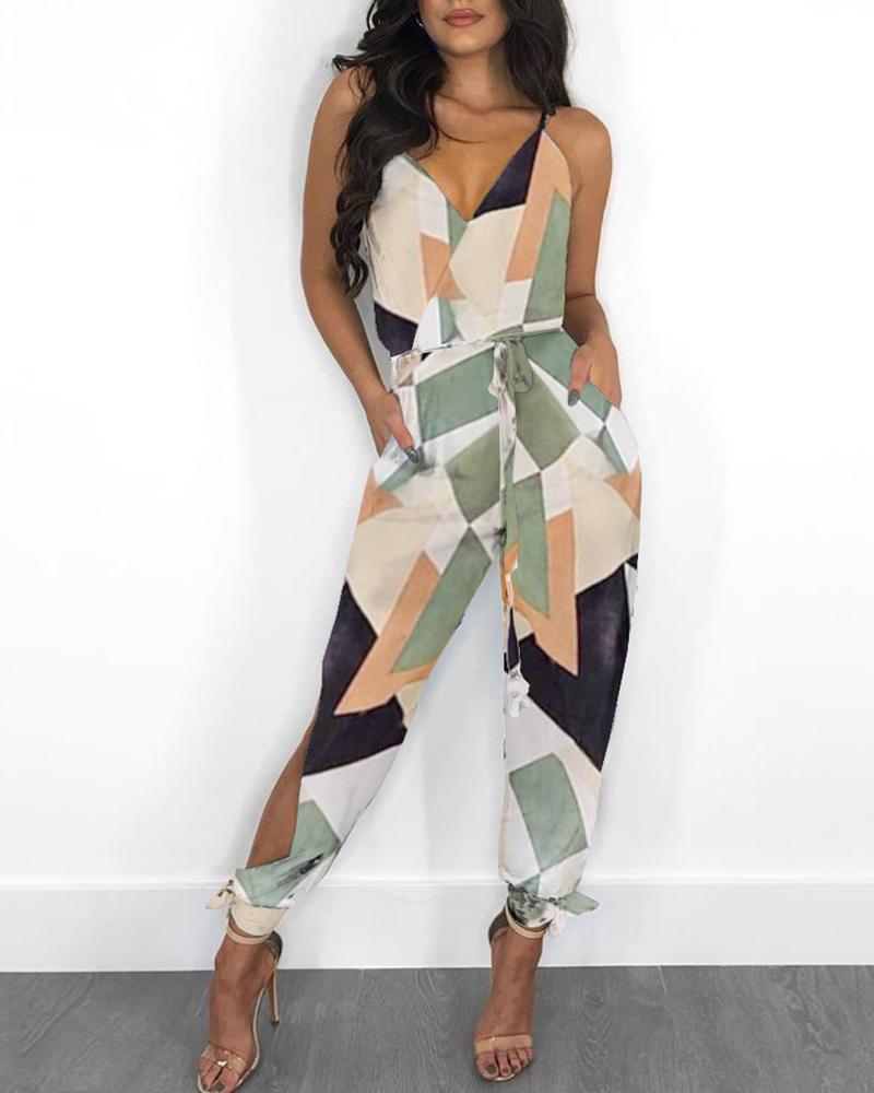 Printed Sleeveless Slit Tie V-Neck Women’s Jumpsuit
