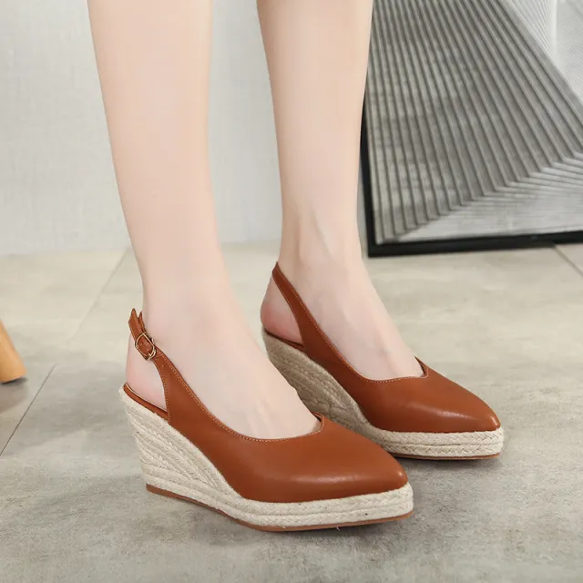 Women's Retro Straw High Heels Wedge Heel Baotou Drag One Word Strap Brown - Shop at LoveMi