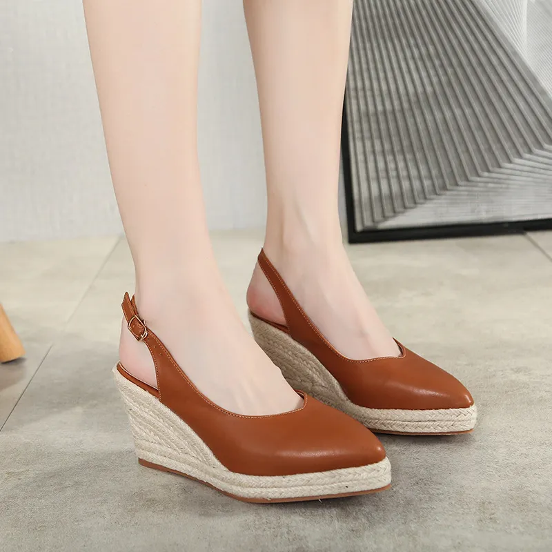 Women's Retro Straw High Heels Wedge Heel Baotou Drag One Word Strap - Brown