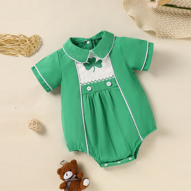 Baby Green Lapel Short Sleeve Romper Clover Print Button Detail Playsuit With Snap Closure
