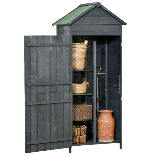 Outsunny Garden Shed 4-Tier Wooden Garden Outdoor Shed 3 Shelves Utility Gardener Cabinet Lockable 2 Doors - Grey - Image 7