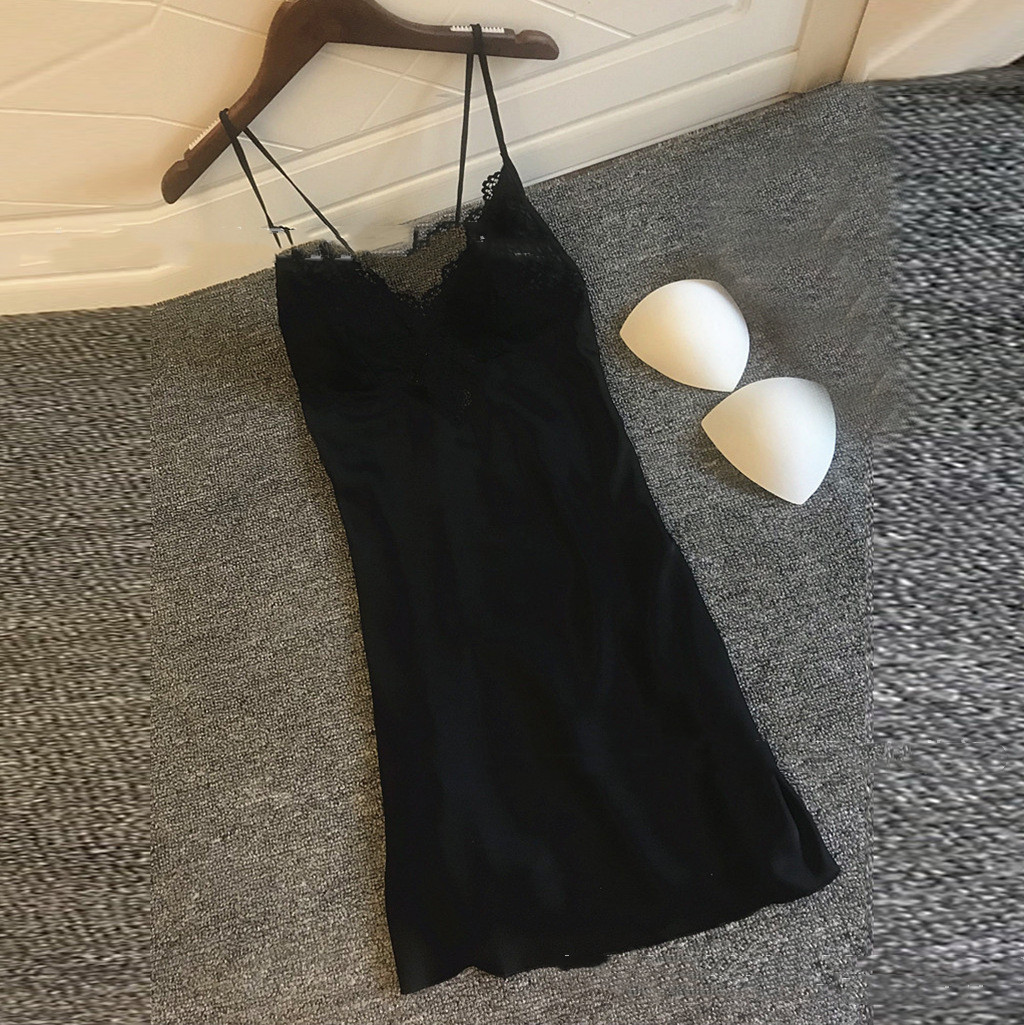 Cross border Sales Foreign Trade European And American Women's Sexy Lingerie Elastic Satin Sling Home Pajamas With Chest Pad Multicolor Black - Shop at LoveMi