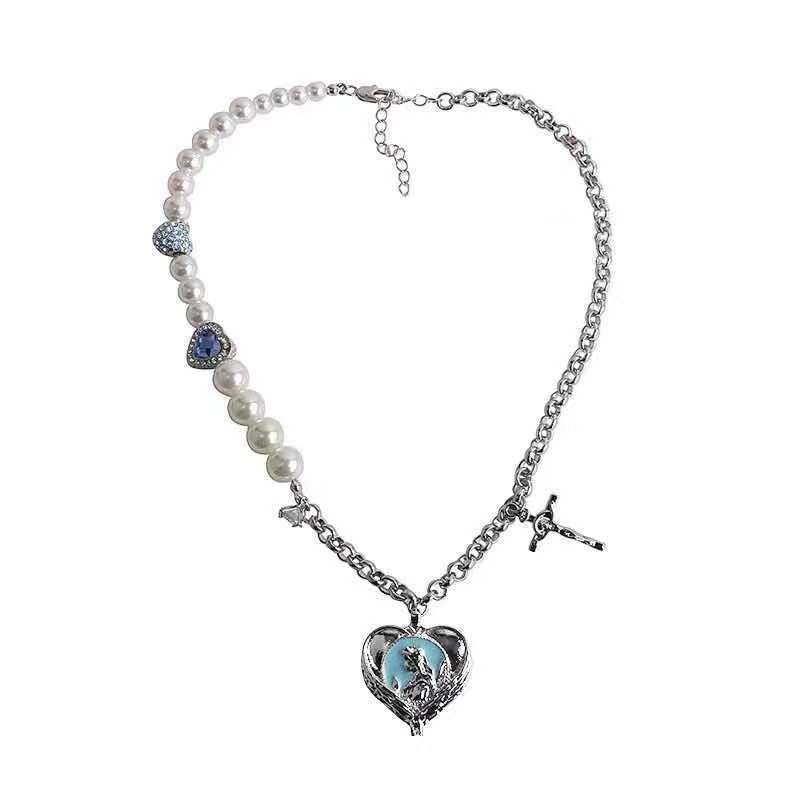Pearl Diamond Love Heart Cross Necklace Clavicle Chain