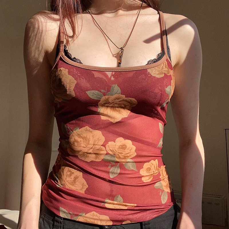 Floral Printed Mesh Small Suspender Bra Vest Top thumbnail 2