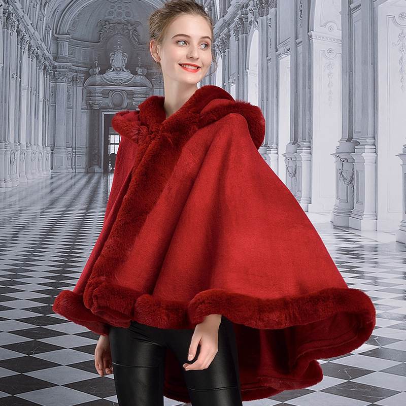 Double layer Hooded Cloak New Style Rex Rabbit Fur Collar Fashion Shawl Wine Red - Shop at LoveMi