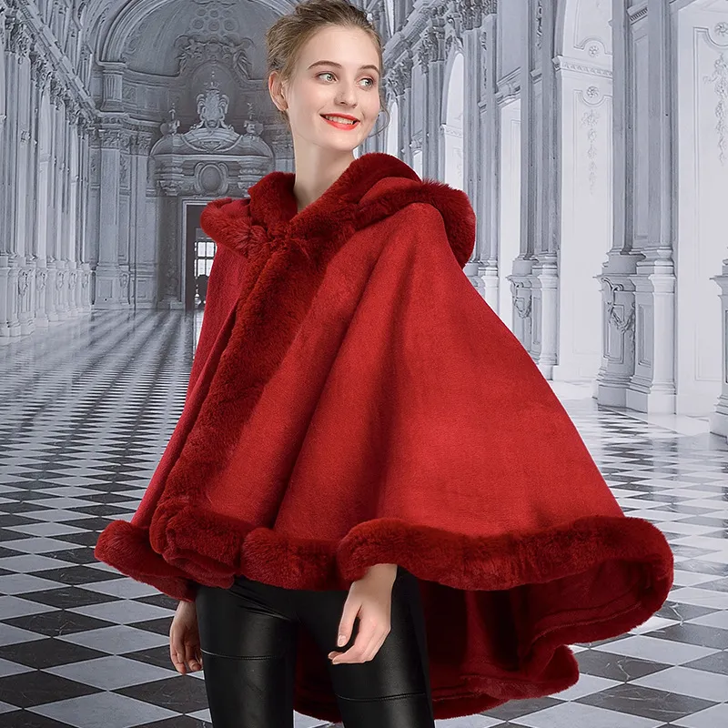 Double-layer Hooded Cloak New Style Rex Rabbit Fur Collar Fashion Shawl - Wine Red