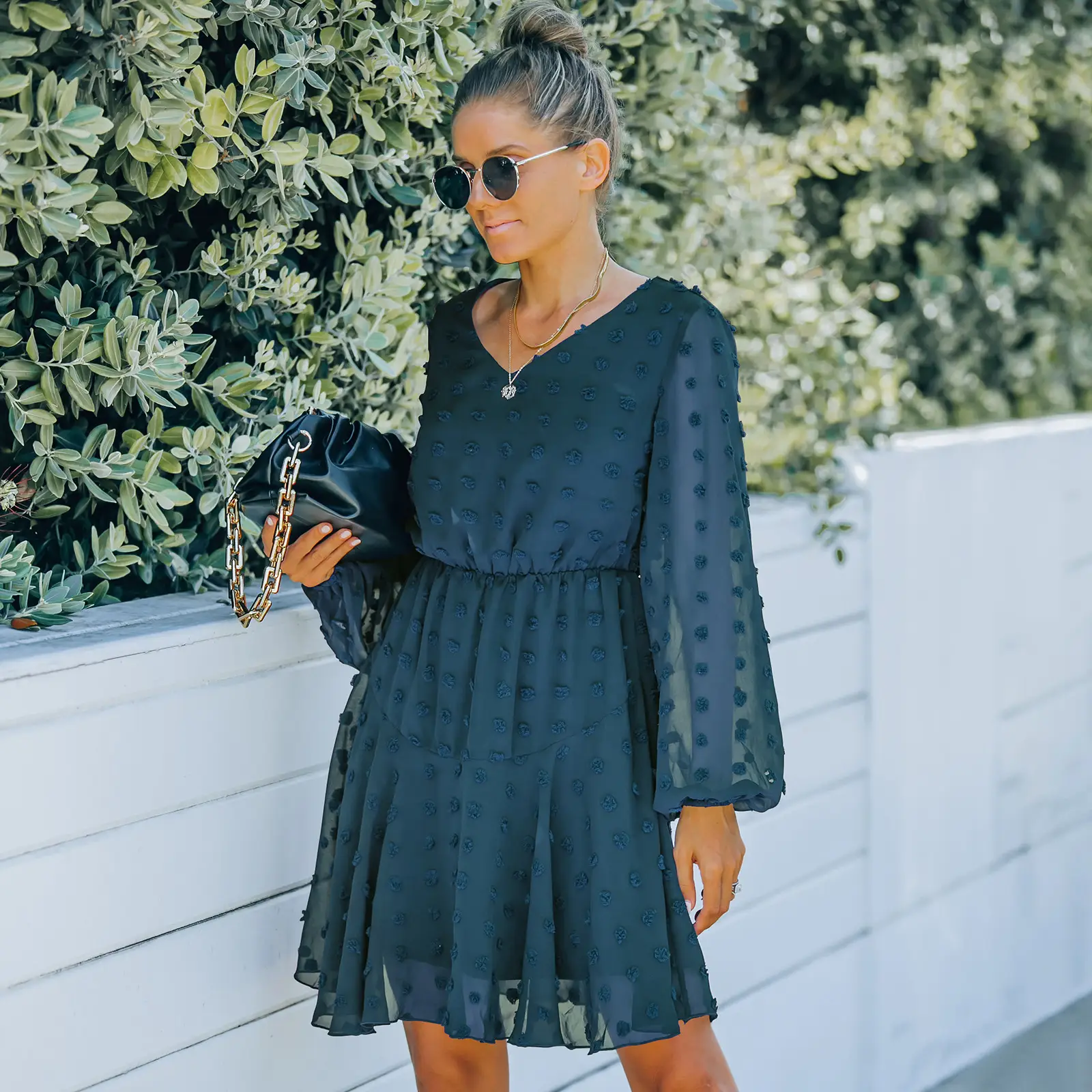 Women's V-neck Long-sleeved Mesh Dress