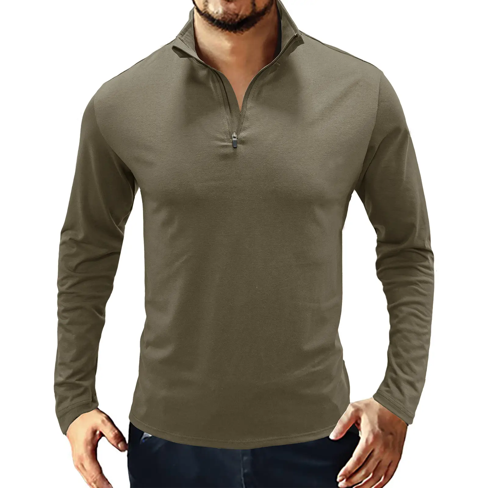 European And American Standing Collar Solid Color Polo Shirt Men's Long Sleeves
