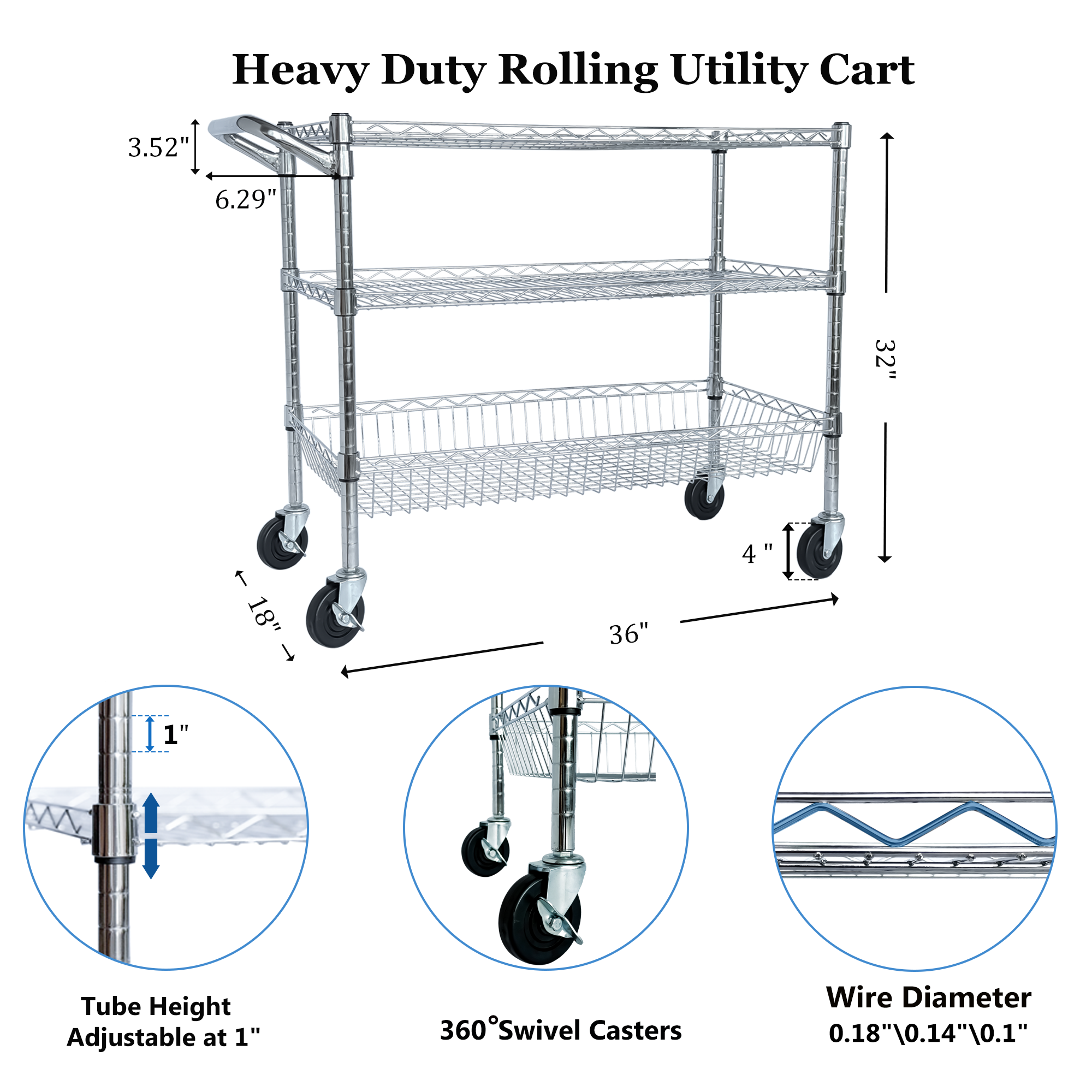 Heavy Duty Rolling Utility Cart,3 Tier Rolling Carts With Wheels,with Handle... 4