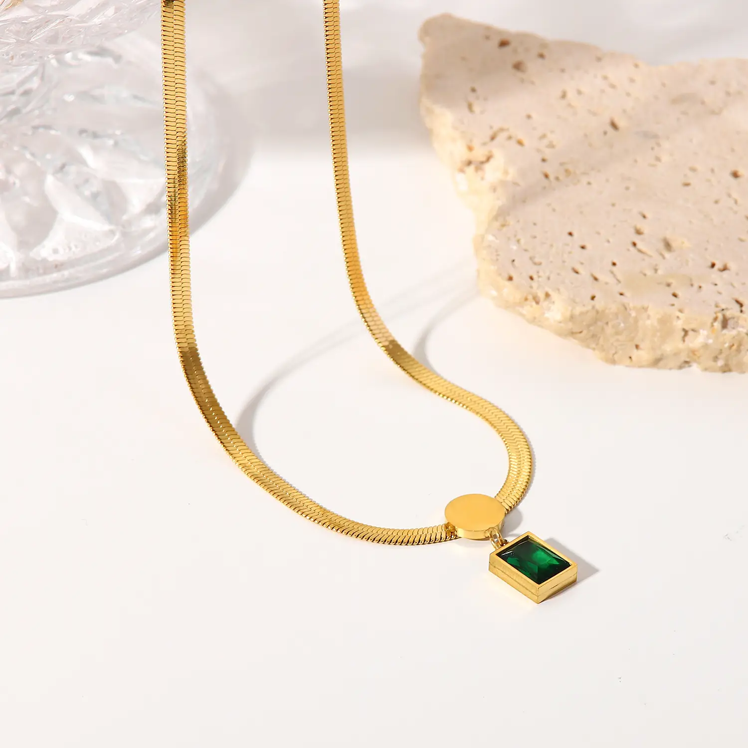 Stainless Steel Necklace Green Square Zircon Pendant Snake Chain Fashion Vintage Lady Necklace