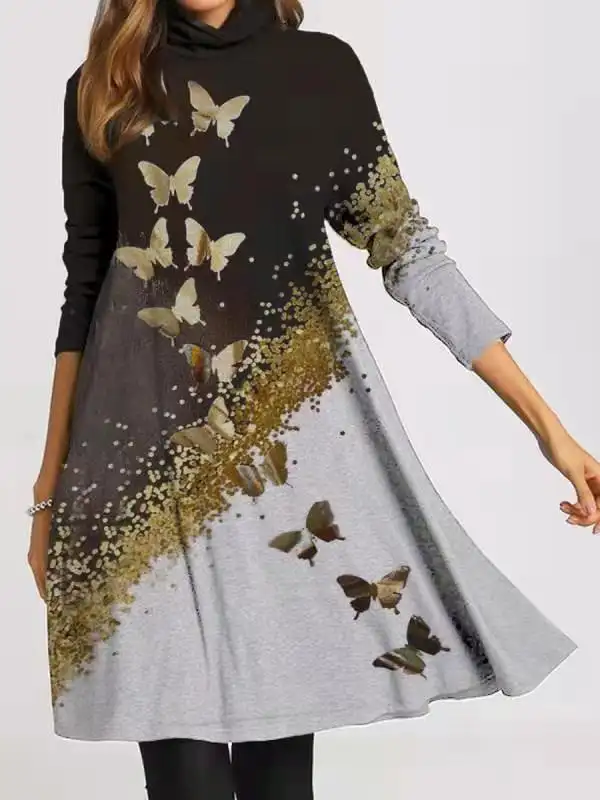Printed Pile Collar Long-sleeved Loose Dress