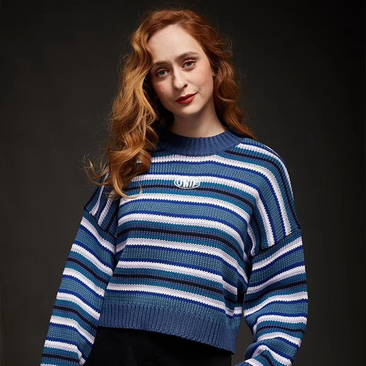 Title 1, Blue Striped Loose All-match Sweater Women