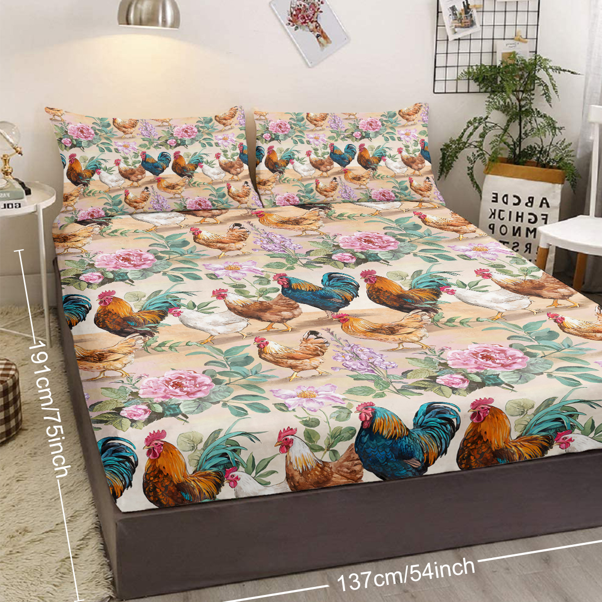 Hen Rooster Print Bed Sheet Set Farmhouse Animals Fitted Sheet, Room Decor Chicken Bedding Set Floral Rose Pattern Bed Cover 3Pcs