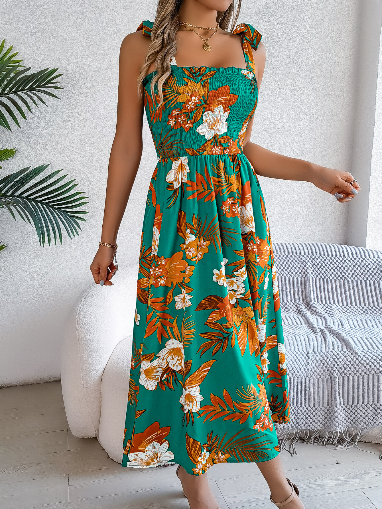 Women’s Floral Print Tie Waist Camisole Beach Vacation Maxi Dress