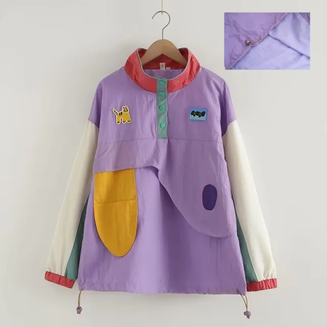 Girl Long Sleeve Stand Collar Multicolor Hoodie Short Coat Purple - Shop at LoveMi