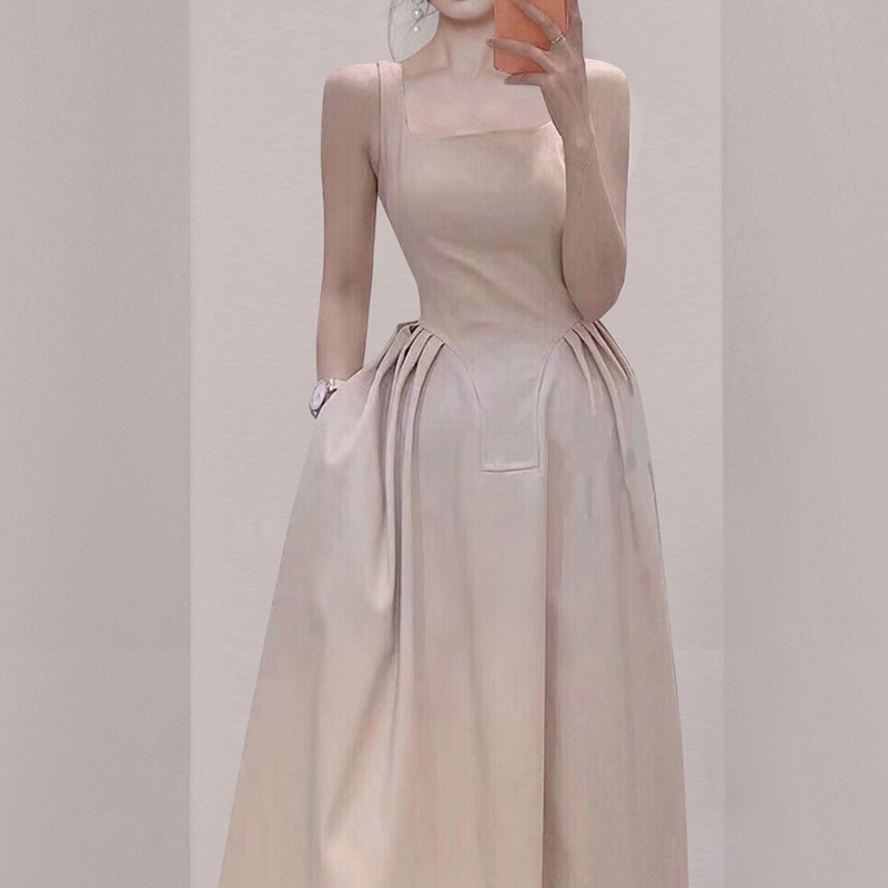Temperament Square Collar Design Sense Waist Waist Is Thin And Large Swing Dress Dress