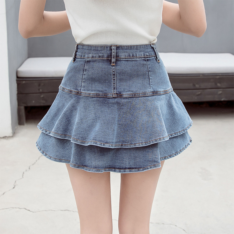 Korean Style All-match High-waist Ruffled Stitching Denim Skirt
