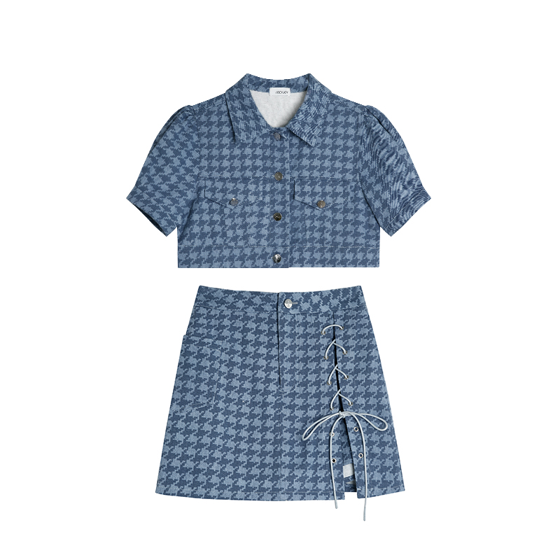 Blue Houndstooth Two-piece Short Top Suit