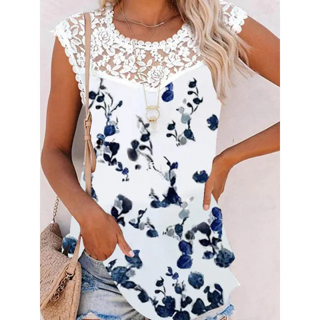 Summer Print Crew Neck Lace Trim Casual Loose Women's Tank Top Picture7 - Shop at LoveMi