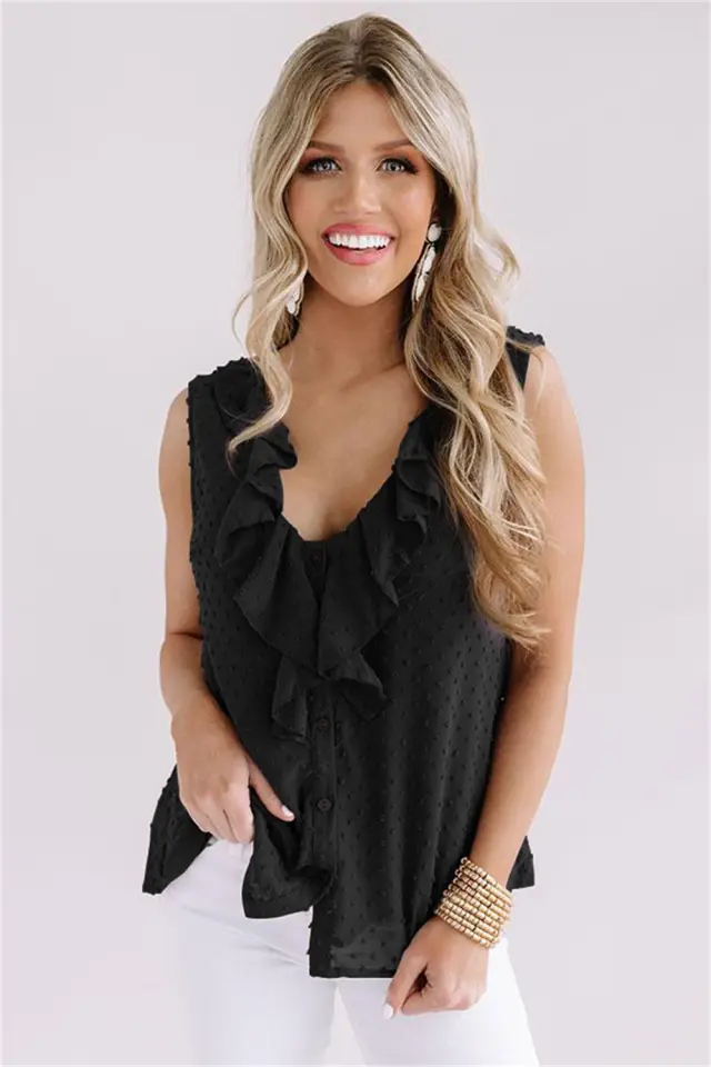New V Neck Ruffle Sling Solid Color Shirt Black - Shop at LoveMi