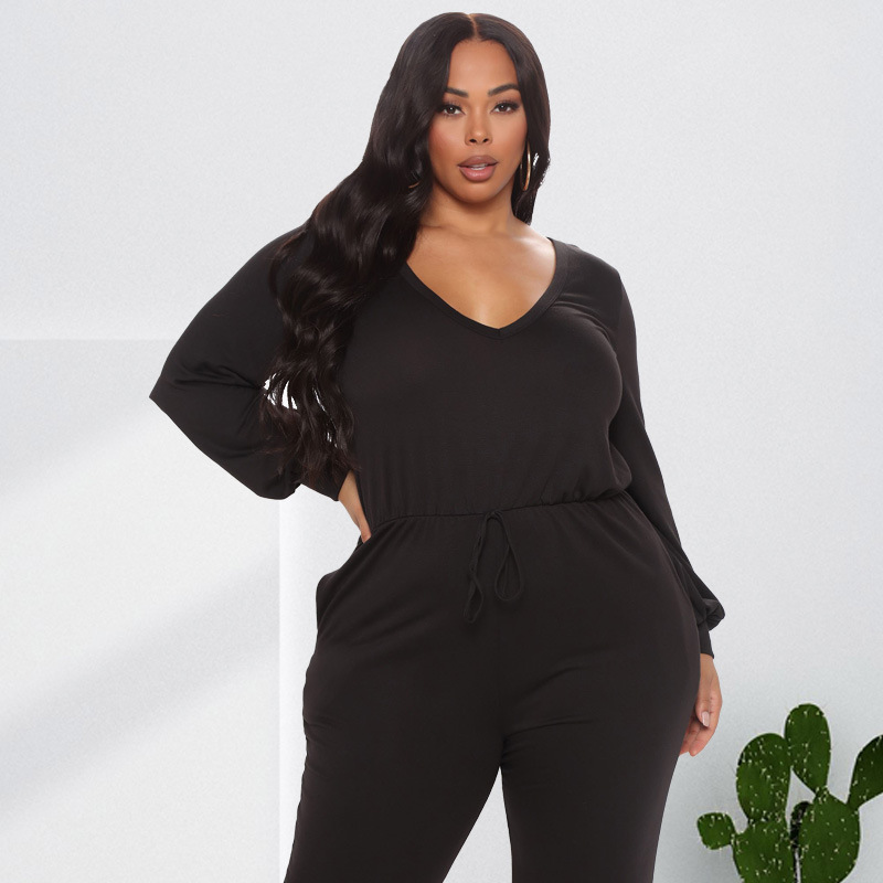Women’s V Neck Back Cutout Long Sleeve Casual Waist Jumpsuit