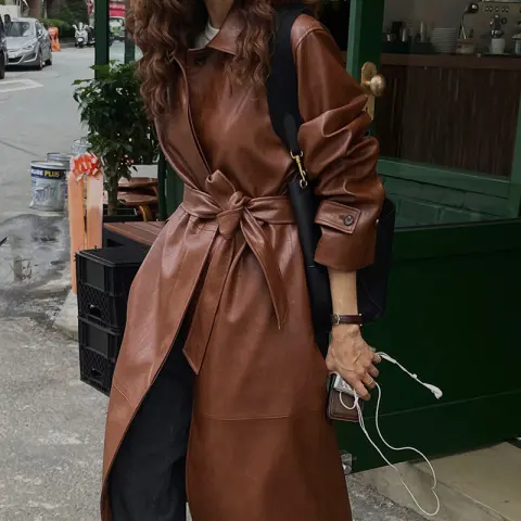 Retro Niche Lapel Waist Belt Single-breasted Long Leather Trench