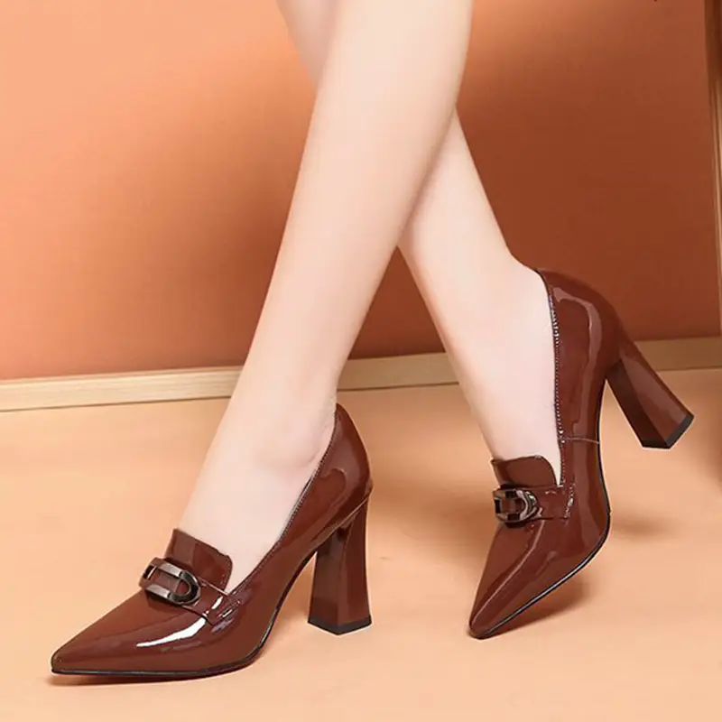 Fashion Leather All-match Thick Heel High Female Pointed Toe Shoes