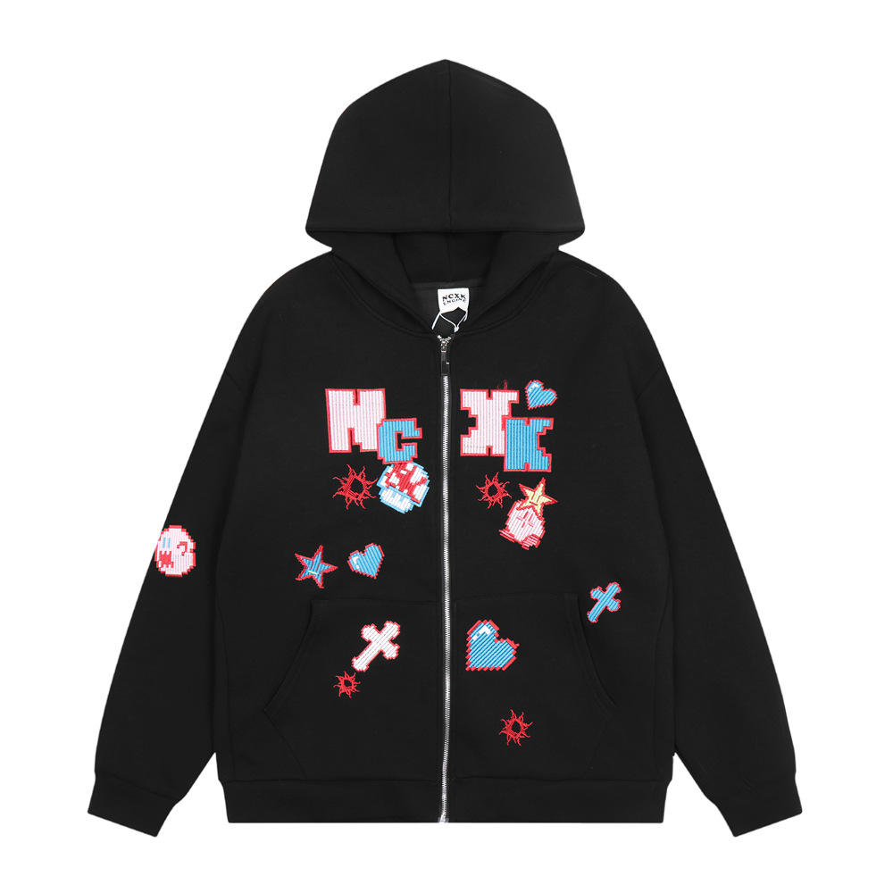 Small Letters Embroidered Cardigan Hooded Sweater Male — image 1