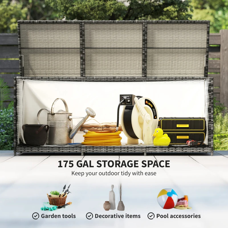 175 Gallon Outdoor Storage Box With Inner Liner, PE Rattan Wicker Deck Box With Pneumatic Bar Lift, Mixed Gray