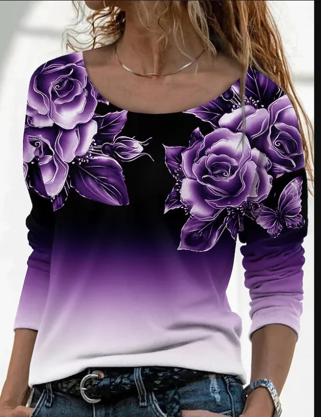 New Long Sleeve Loose Round Neck Casual Pullover 3D Printing T Shirt Women Purple - Shop at LoveMi