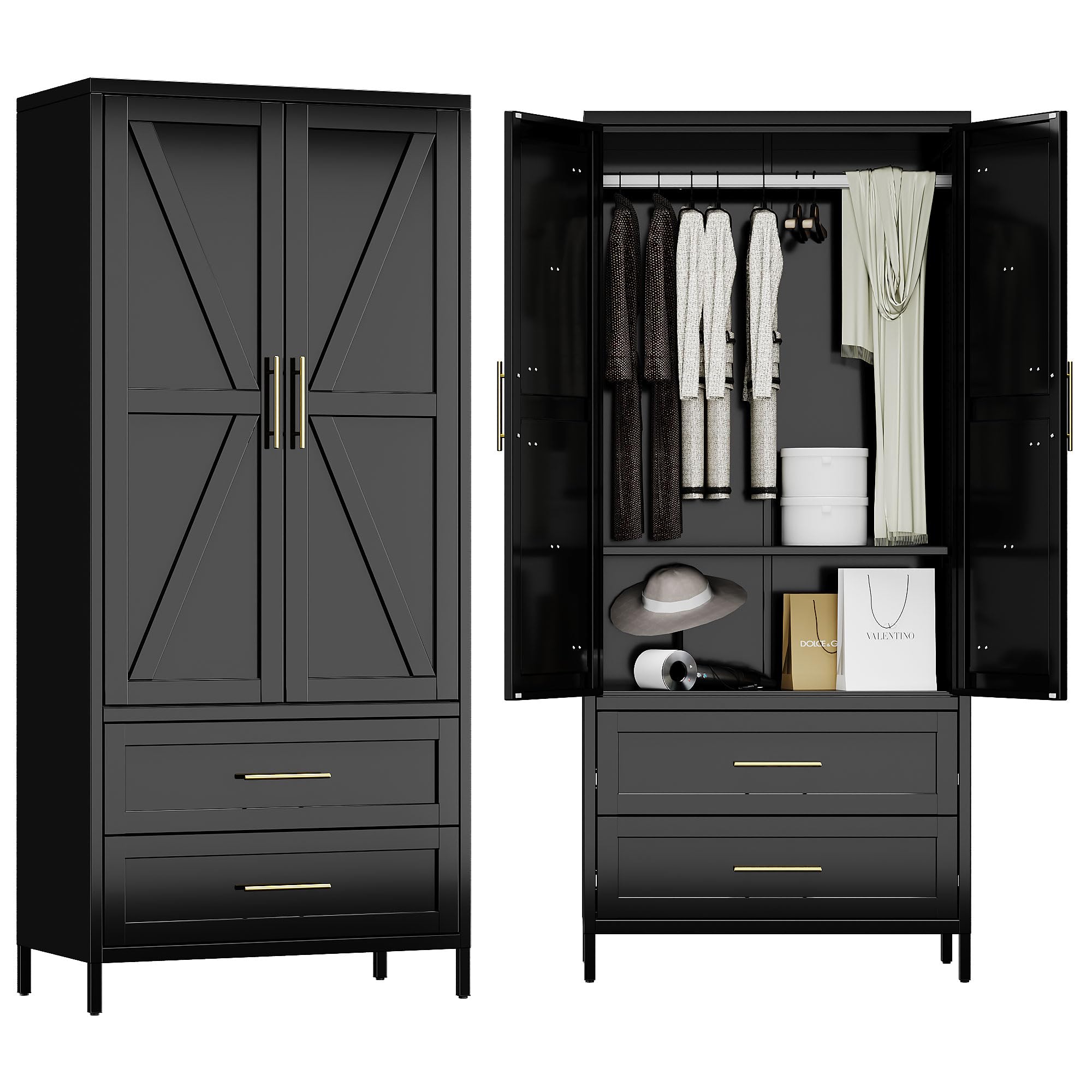 METAN Metal Wardrobe Closet With Doors,Armoire Wardrobe Closet With 2 Drawers For Bedroom,Assembly Required,Black