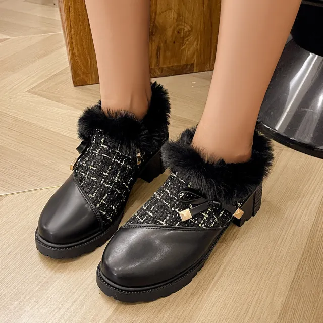 Round Toe Thick Square Heel Elegant Boots With Cute Bow Side Zipper Plus Velvet Ankle Boots Winter Warm Plush Shoes For Women Black - Shop at LoveMi