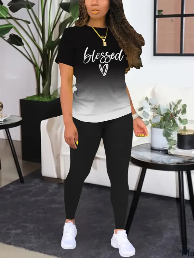 Women's Alphabet Printed Round Neck T Shirt And Leggings Set Black - Shop at LoveMi