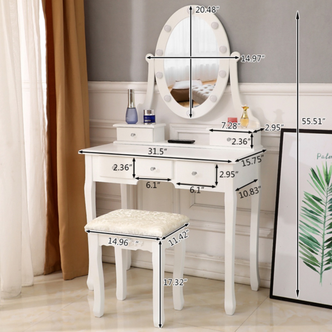 With Light Bulb Single Mirror 5 Drawer Dressing Table White-61588080,60709581 16
