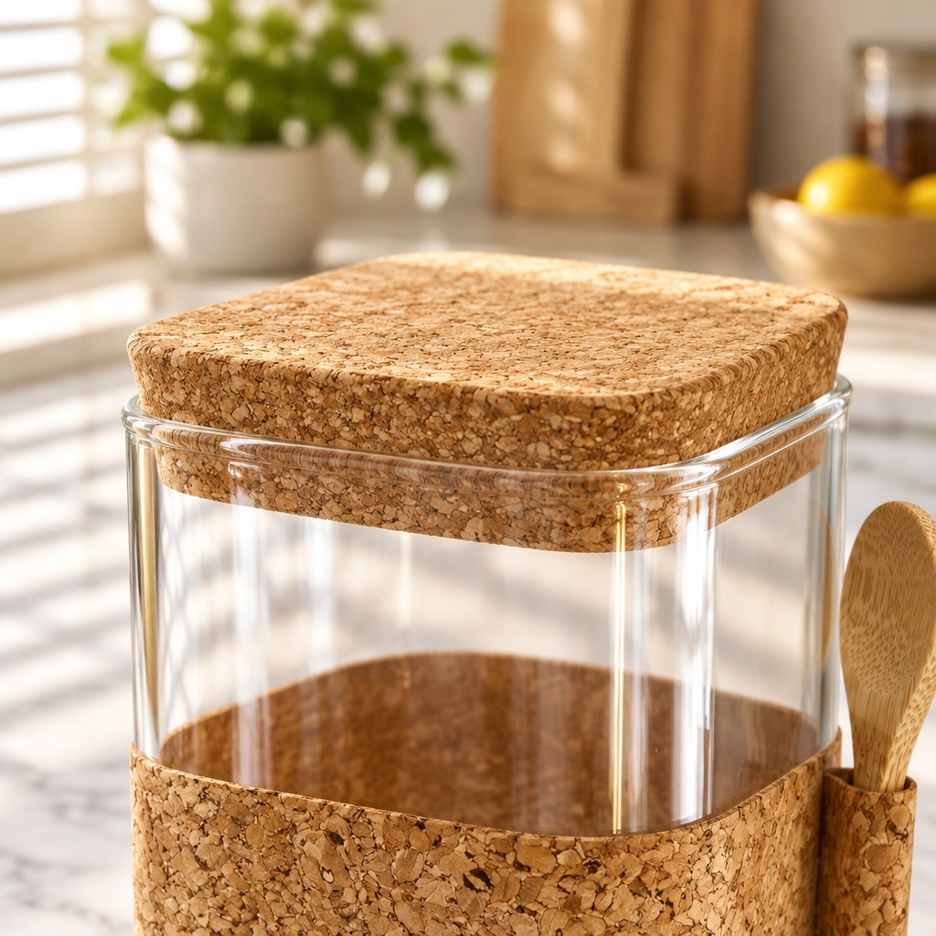 Square Glass Storage Jar With Cork Lid And Spoon,