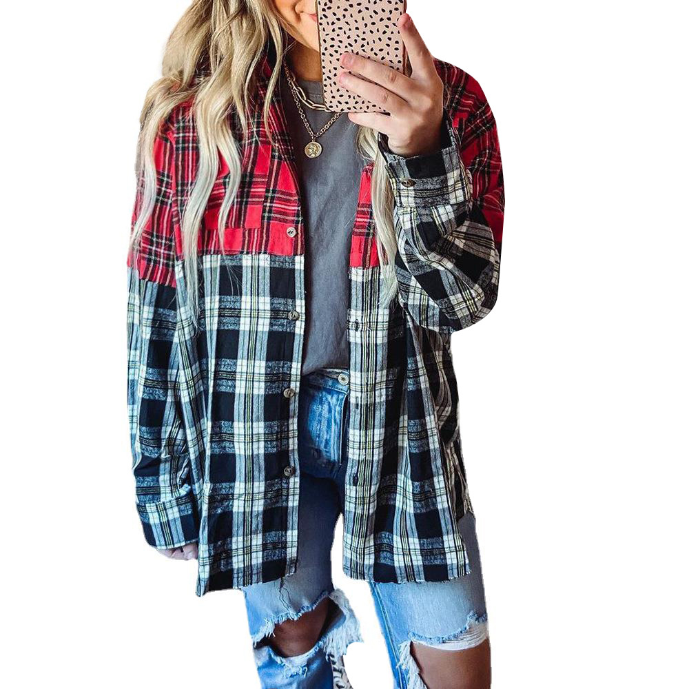 Title 6, Fashion Stitching Printed Long-Sleeved Plaid Ca...