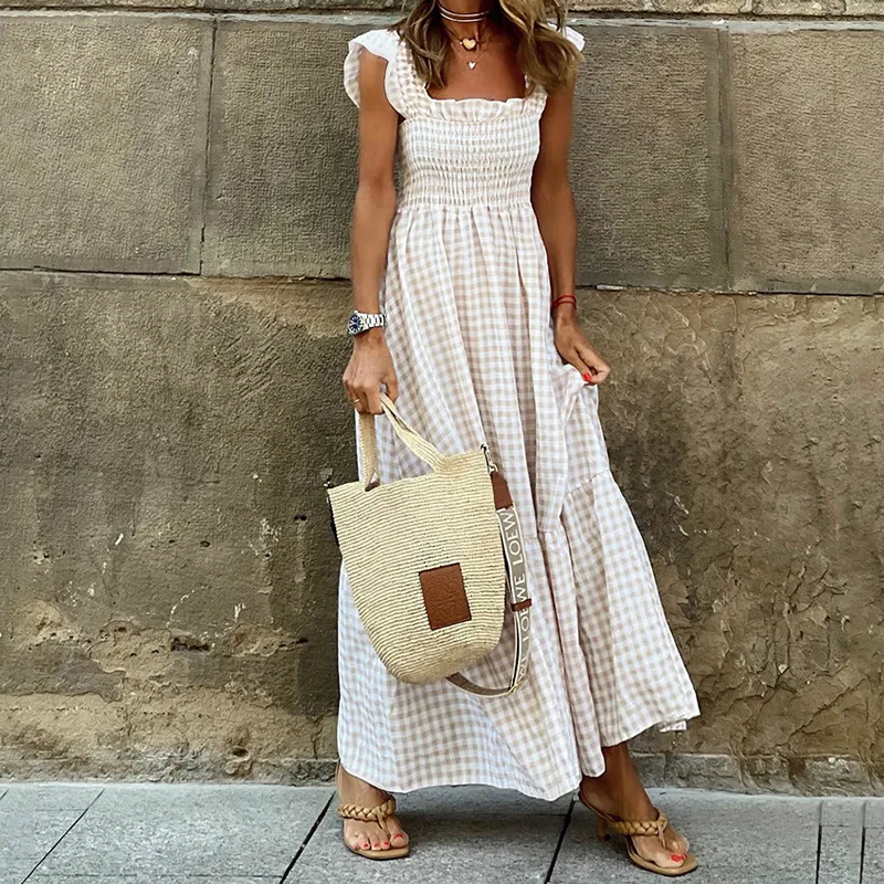 Elegant Square Neck A-Line Dress With Plaid Print, Ruffled Sleeves & Hem Versatile For Casual To Formal - Beige