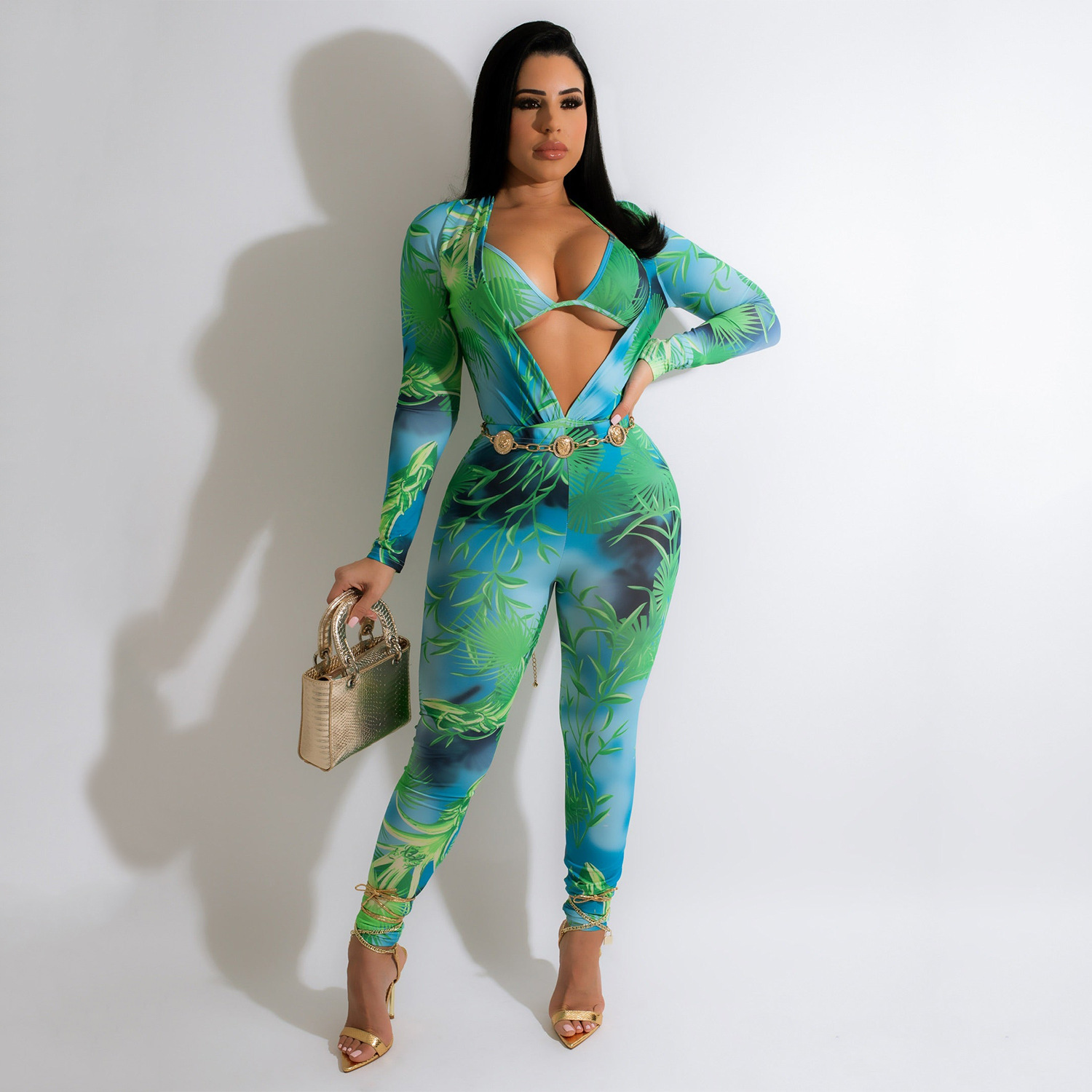 Women's Fashion Bodysuit Print Bodysuit Long Sleeve Pants Set