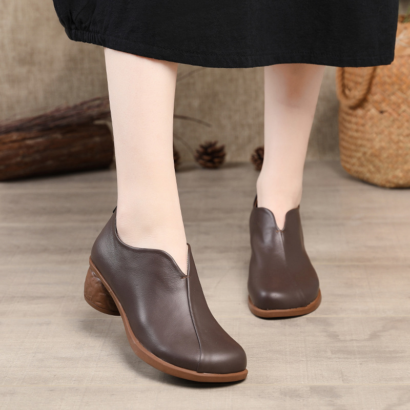 Title 6, Retro Soft Leather Soft Sole Thick Heel Casual ...