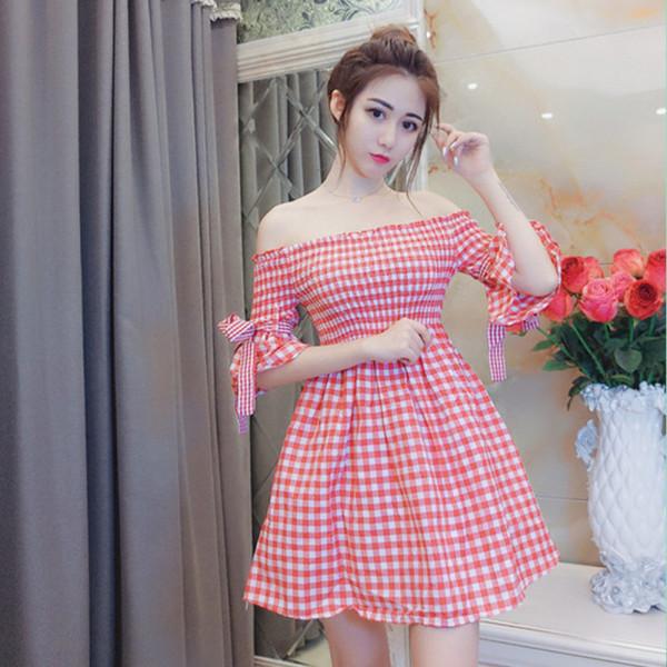 Sweet Elastic One-neck Off-the-shoulder Flared Sleeve Lace-up Plaid Dress