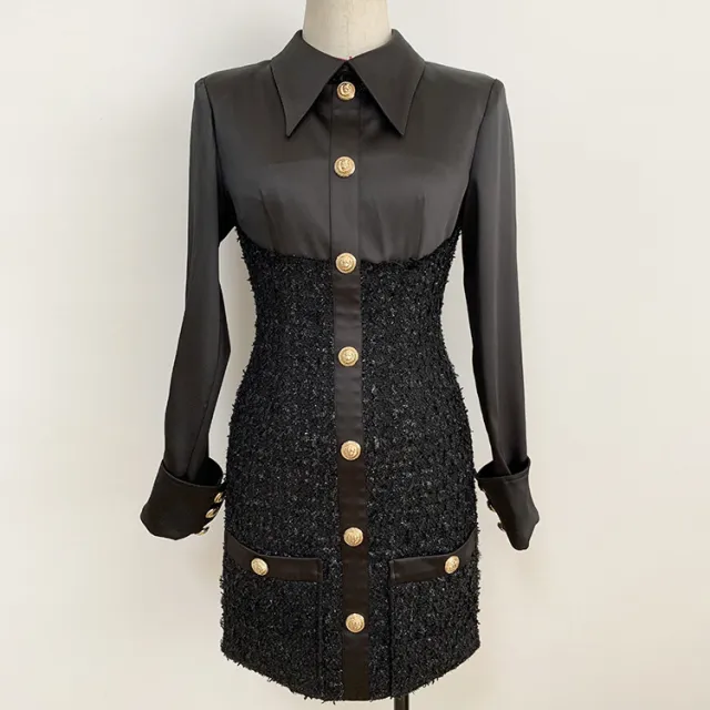 Autumn And Winter Lion Button Rivet Button Satin Stitching Dress Black - Shop at LoveMi